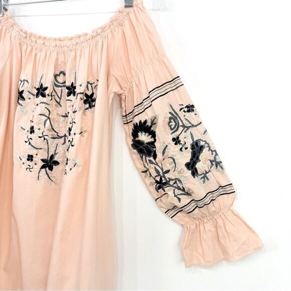 Free People Peach Navy Floral Embroidered Off Shoulder Mini Tunic Dress - Picture 9 of 16